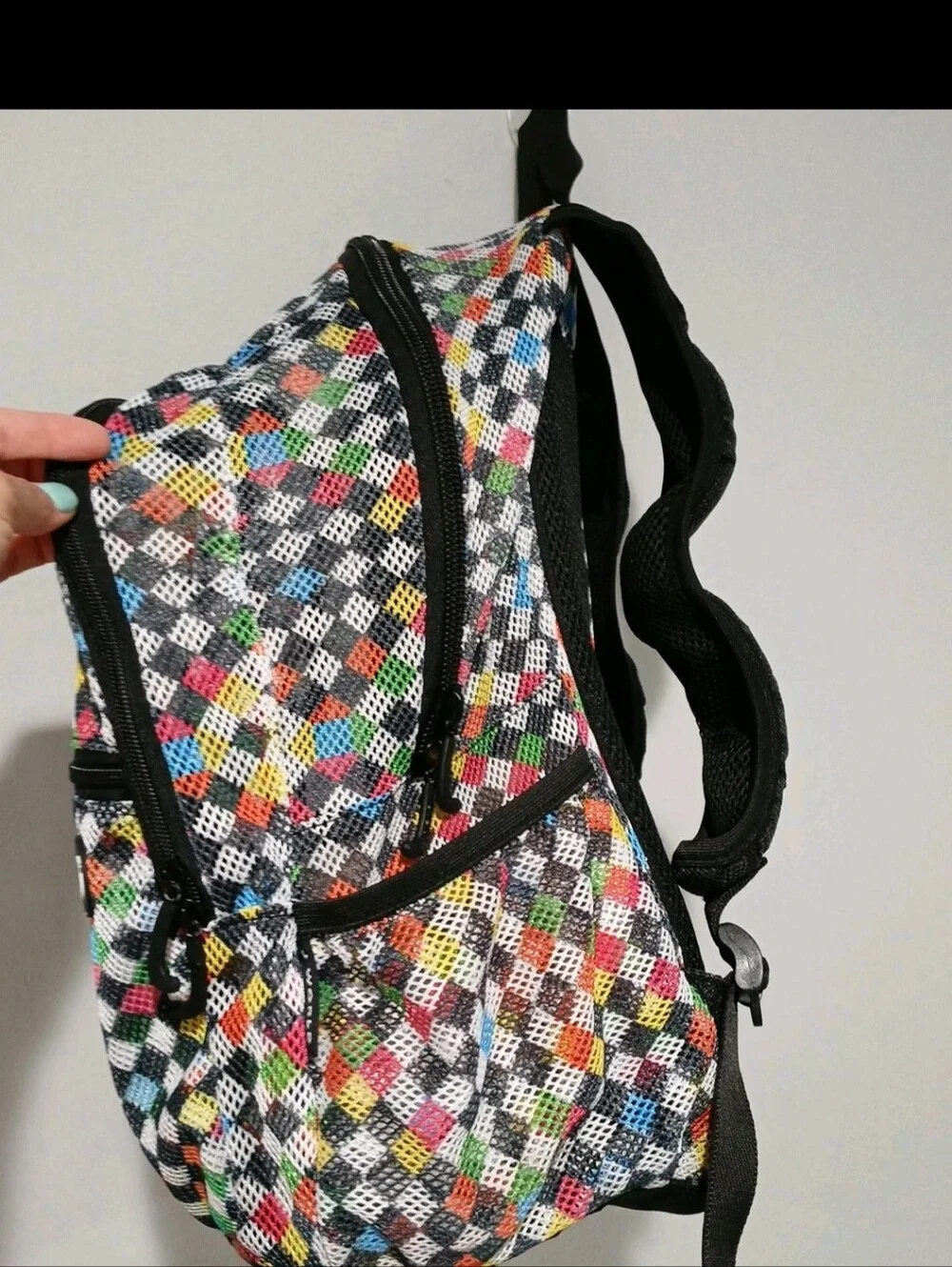 J WORLD Multi-Color Mesh Backpack Checker Geometric Print Bookbag Gym School